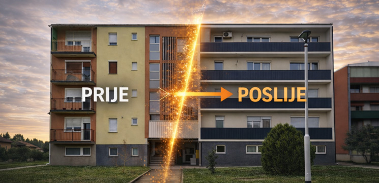 Prikaz prije i poslije obnove stambene zgrade u Požegi s izvedenom toplinskom fasadom i limarskim radovima