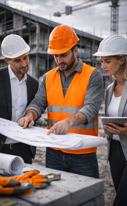 Investitor i voditelj gradilišta pregledavaju nacrte na gradilištu