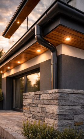 Detalj moderne fasade s limarijom, olucima i završnom obradom vanjskog dijela objekta