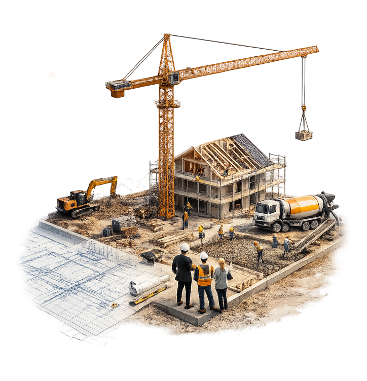 Ilustracija organizacije građevinskog projekta s dizalicom, radnicima i objektom u izgradnji